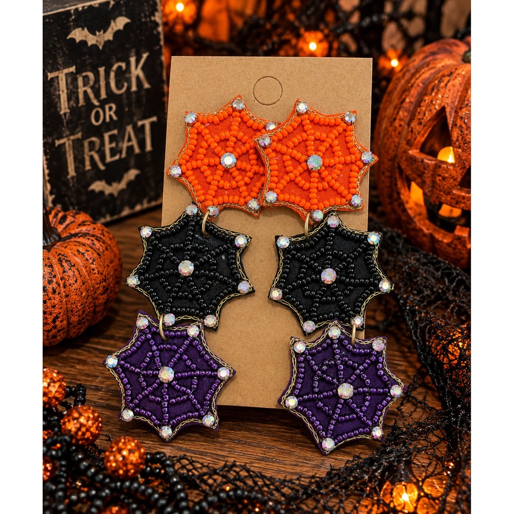 Spider Web Seed Bead Earrings Halloween Rhinestone Statement Dangle